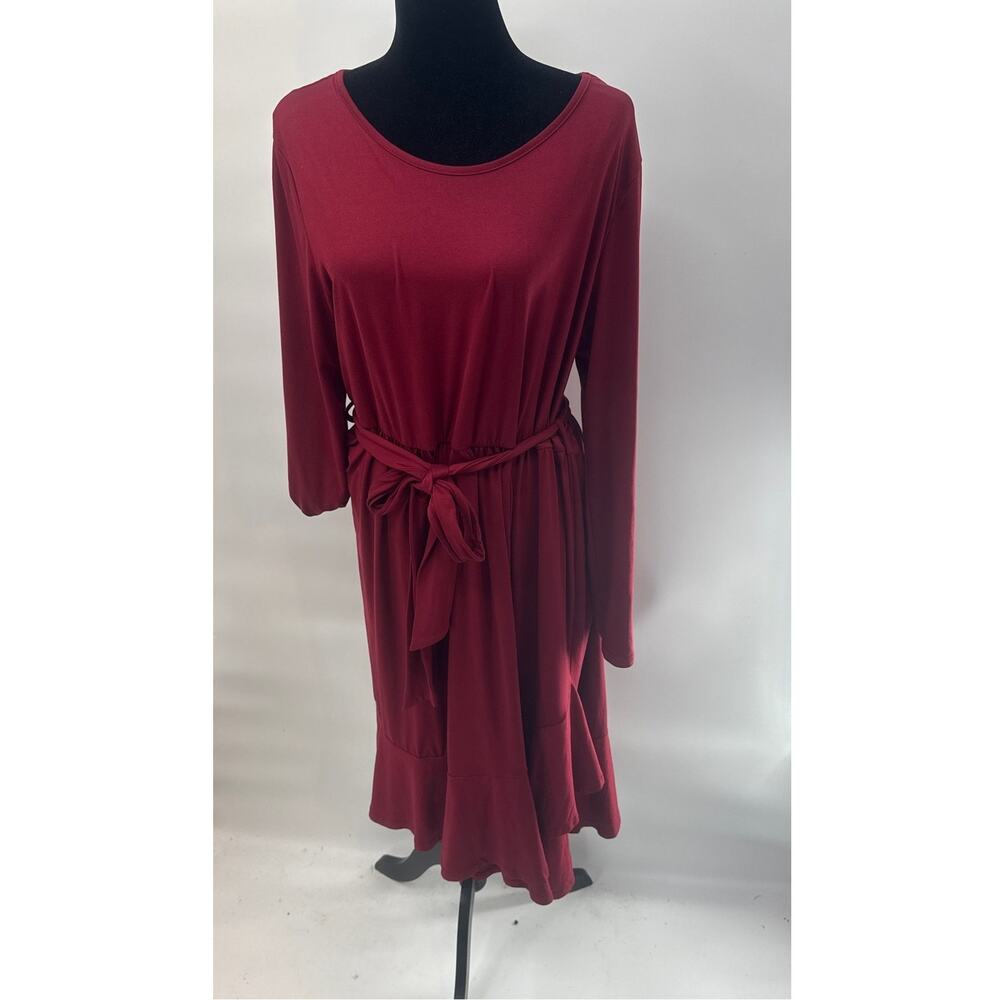 LEVACA Womens Deep Red Long Sleeve Casual Long Sleeve Midi Dress with Belt xl